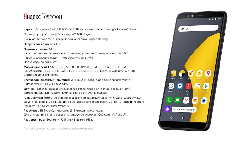 Технические характеристики Яндекс телефона